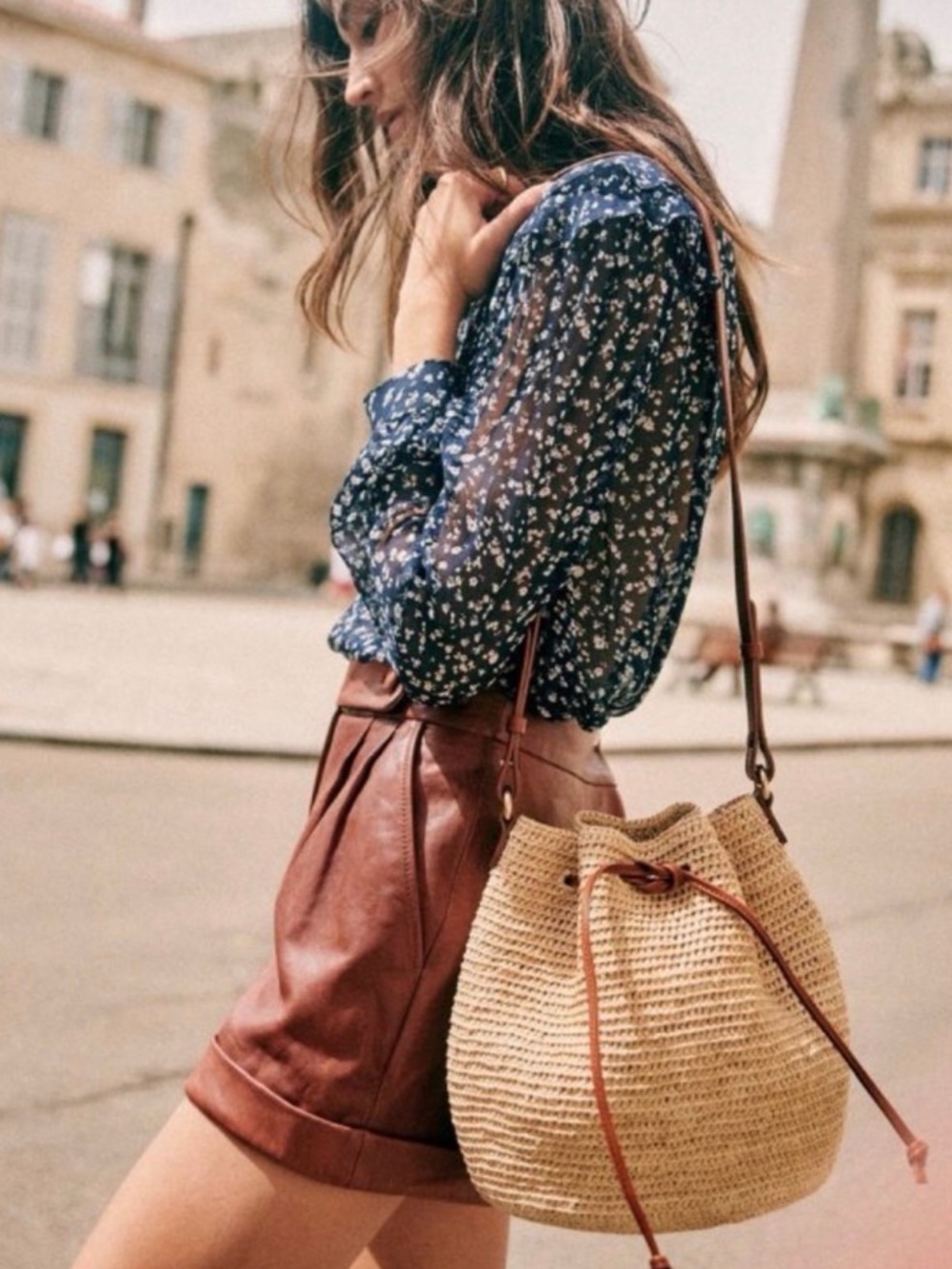 Sezane Farrow Bag Woven Raffia Crossbody with Brown Leather Strap